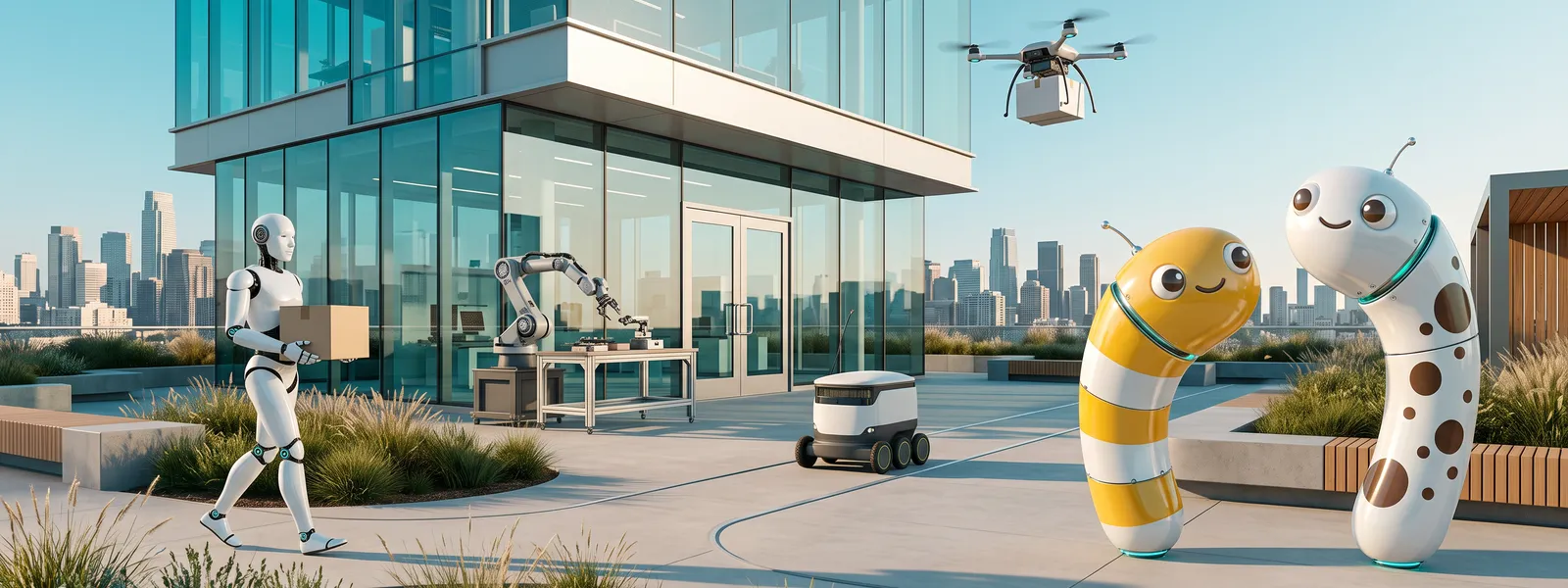 屋上の広場に並ぶ人型ロボット・ロボットアーム・配送ロボット・ドローンと、ロボットになった2匹のキャラクター（しーまとにょろ吉）のイメージ画像（AIで作成）