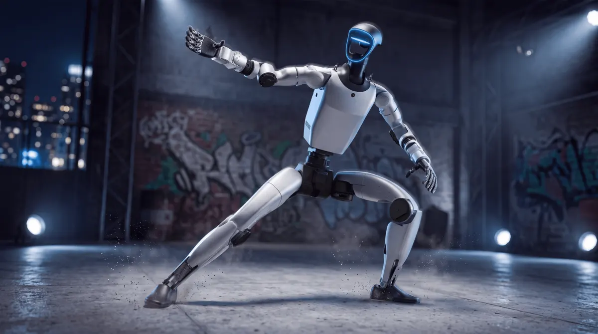 Unitree の人型ロボット G1+ が片脚を曲げて腕を広げたポーズをとる写真